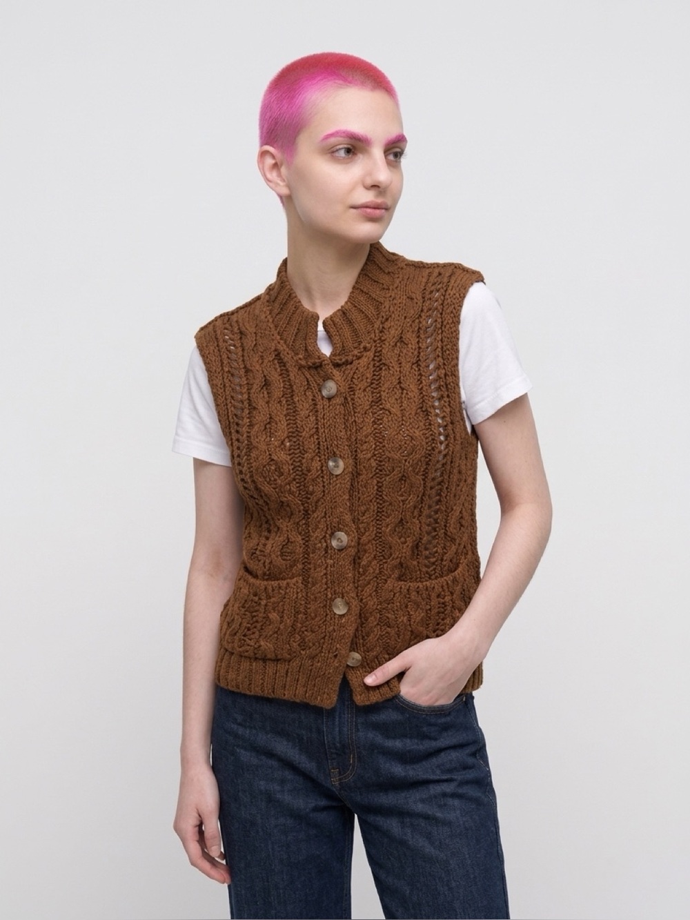 Free People Brown Cable Knit Buttoned Vest